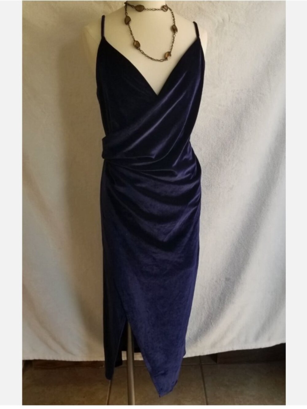 Double Crazy Drape Neck Asymmetrical Hem Velvet Cami Dress Blue X Large